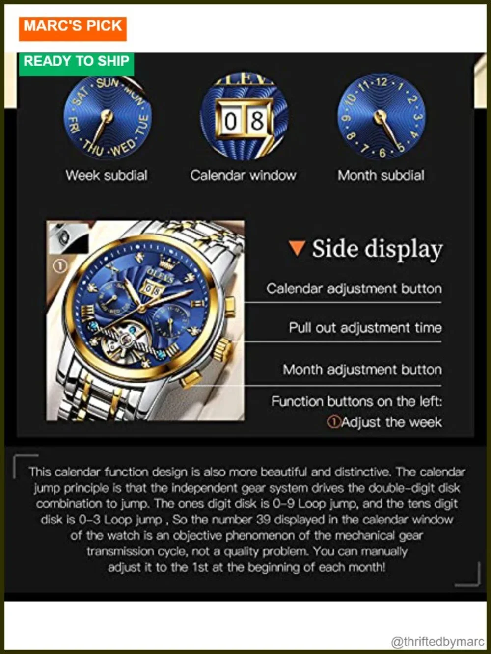 Men's Automatic Skeleton Mechanical Watch Stainless Steel Waterproof Calendar